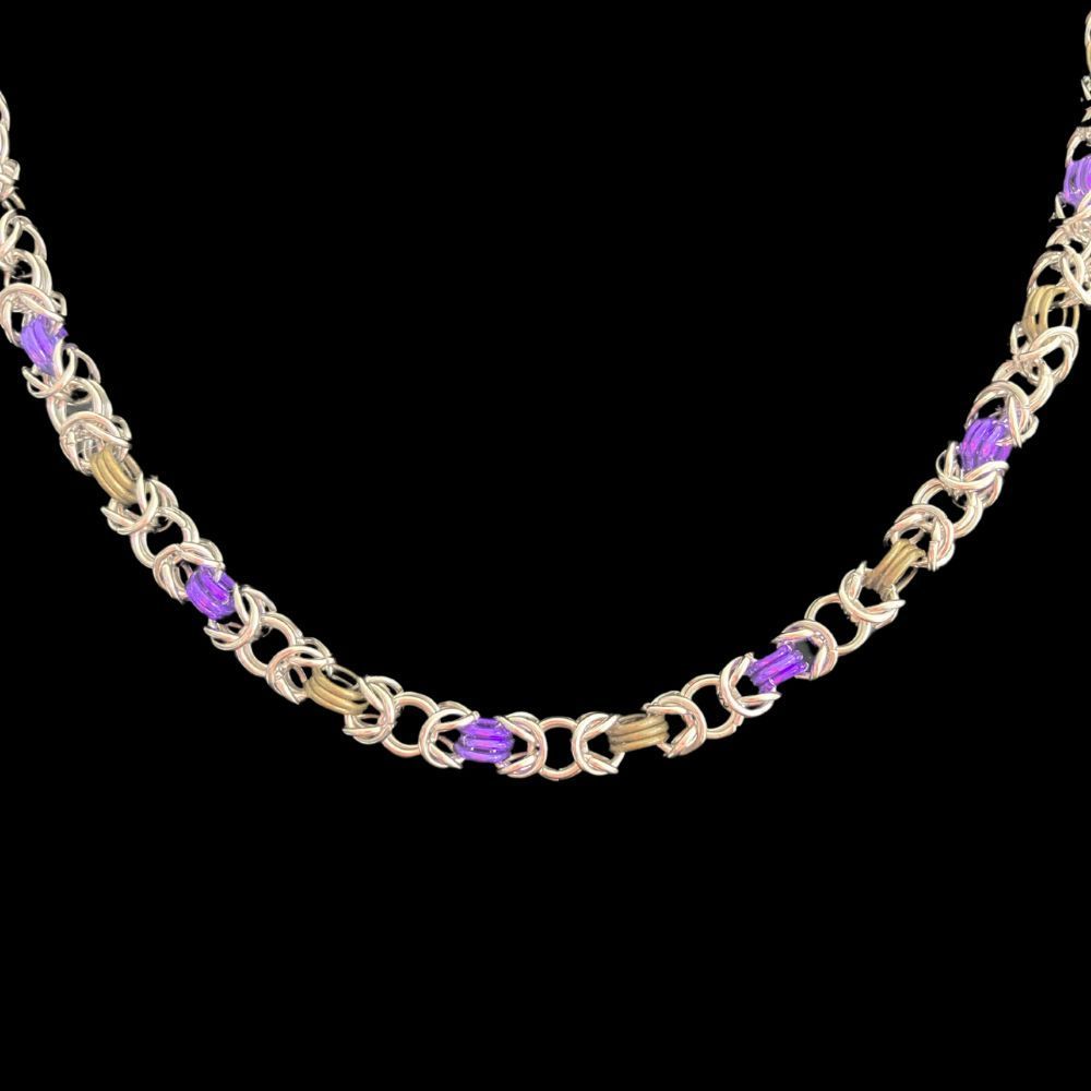 Byzantine weave stainless steel and coloured aluminium chainmaille necklace handcrafted by JensGemz