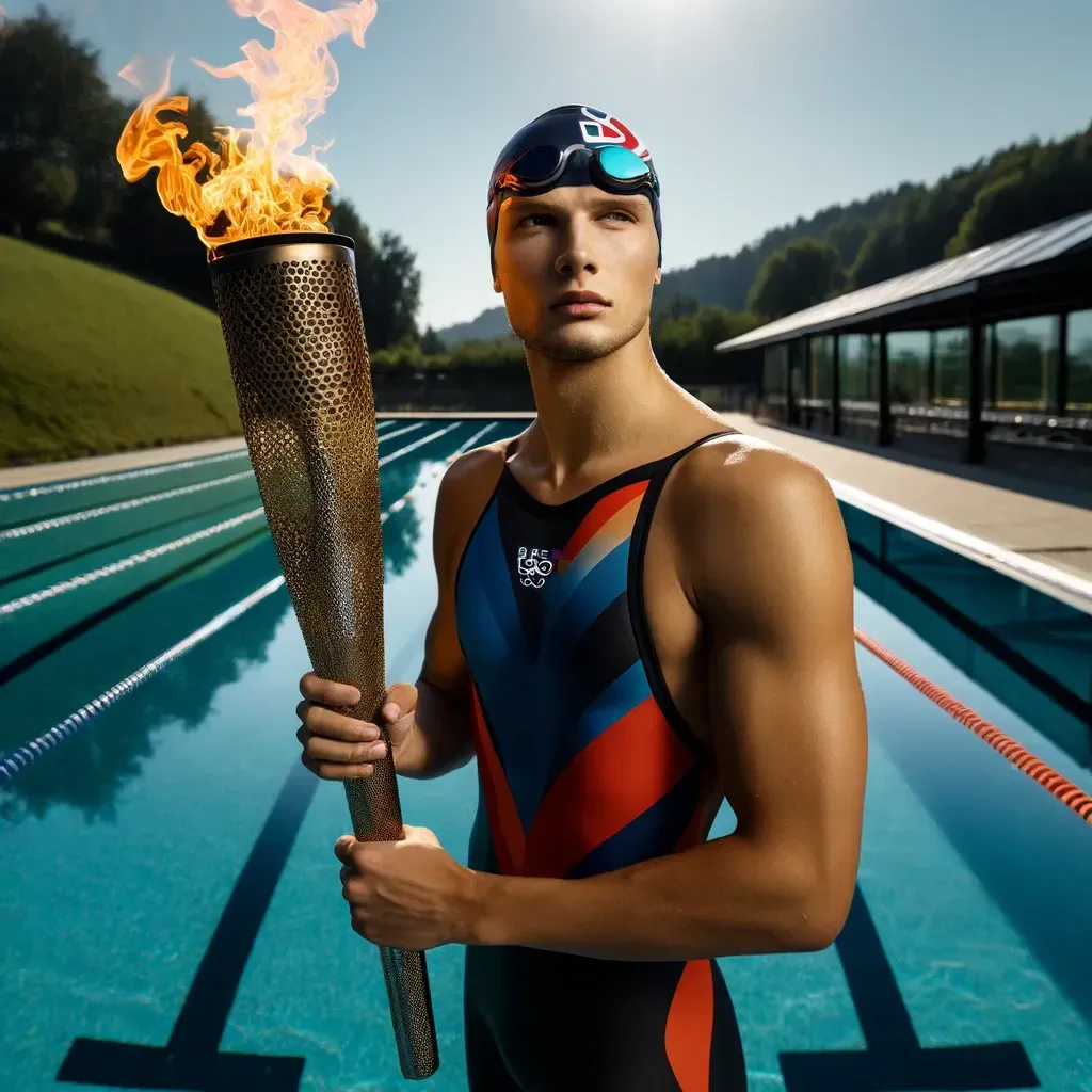 A swimmer is holding a torch in front of a swimming pool