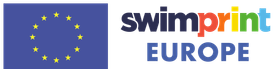 Ein Logo für Swimprint Europe mit einer Flagge im Hintergrund