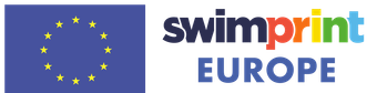 Ein Logo für Swimprint Europe mit einer Flagge im Hintergrund