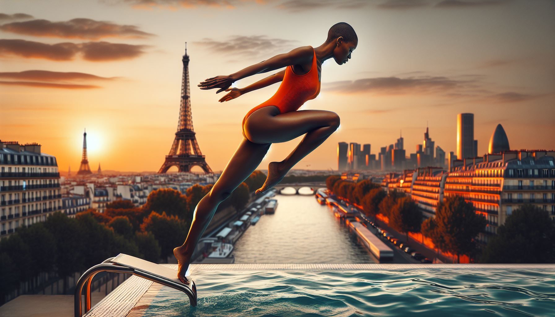 A woman is jumping into a swimming pool with the eiffel tower in the background.