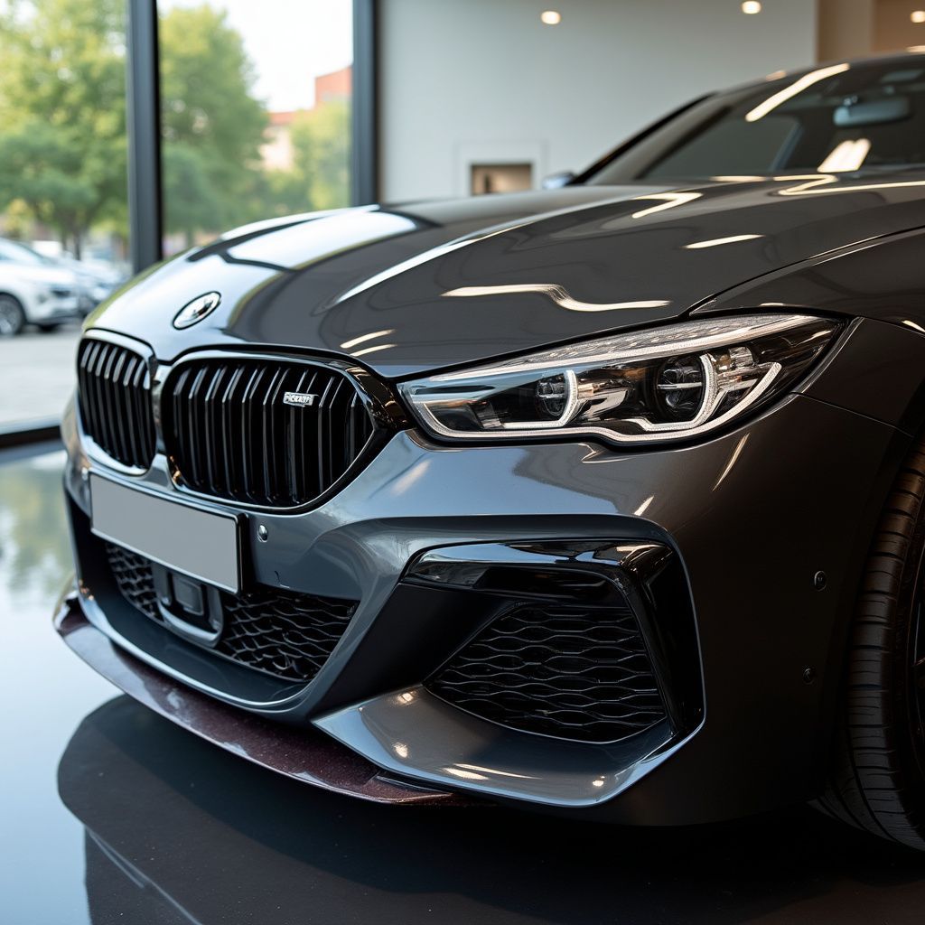 Dark gray BMW coupe parked in a showroom, showcasing its front grill, headlights, and body.