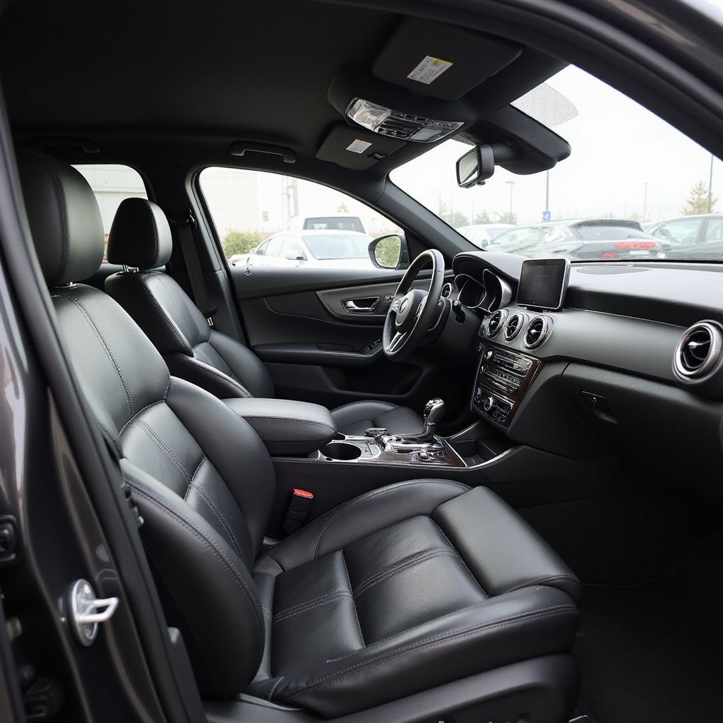 Black leather interior of a car, including the front seats, dashboard, and steering wheel, with a view through the window.