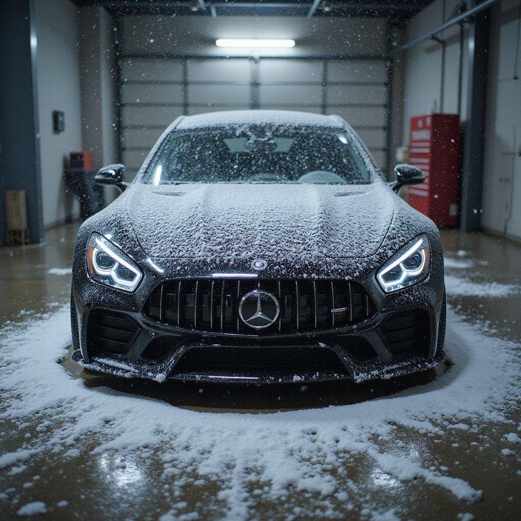 Black Mercedes-AMG GT covered in snow inside a garage with its headlights on.