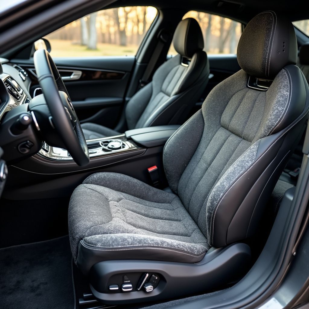 Interior of a car with grey upholstered seats and a leather steering wheel.