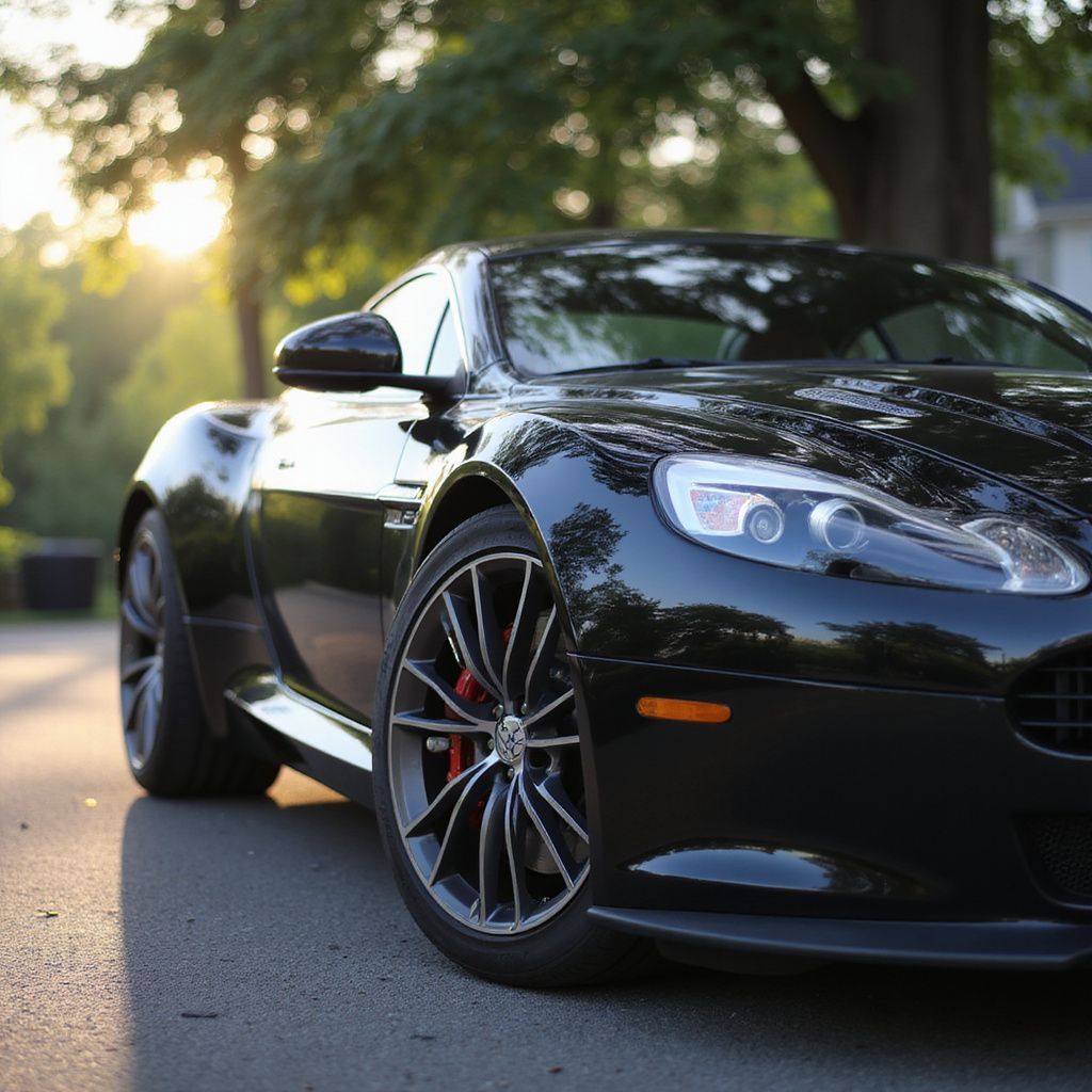 Black Aston Martin sports car parked on a road with sunlight in the background.