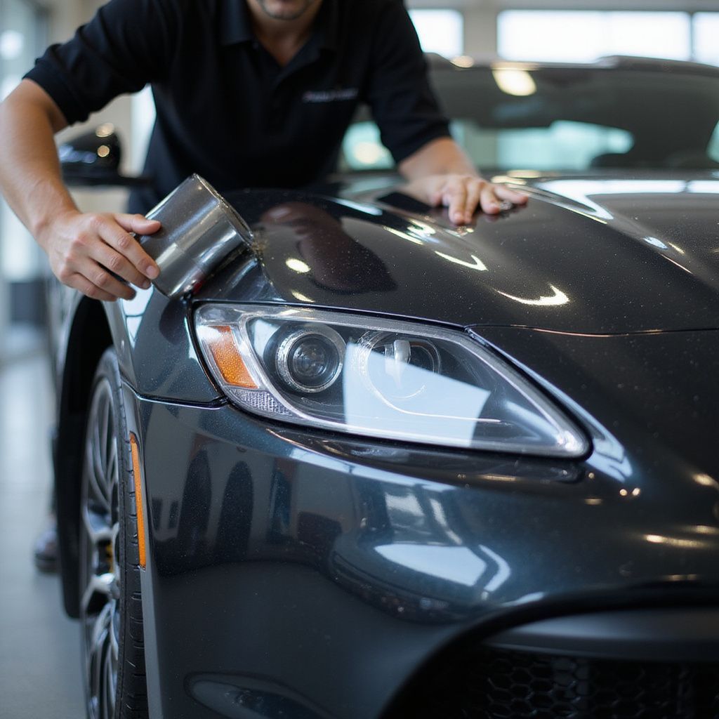 Person applying protective film to a black car's headlight in a dealership.