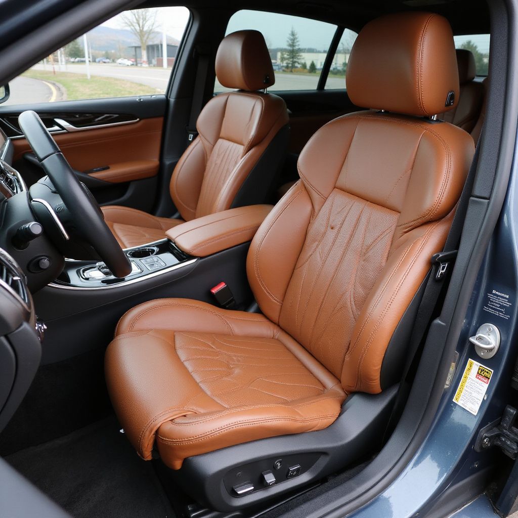 Brown leather car seats inside a dark blue vehicle.