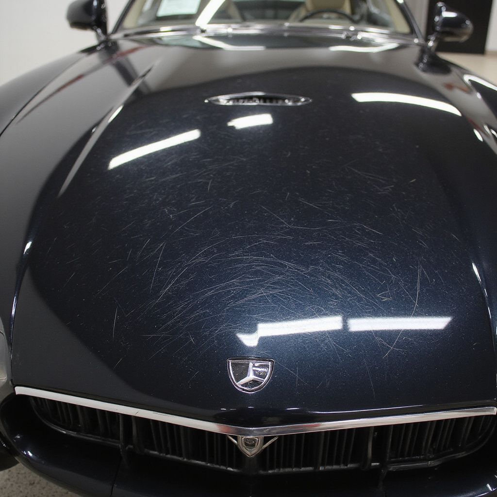 Dark blue car hood with visible scratches and a front grill.