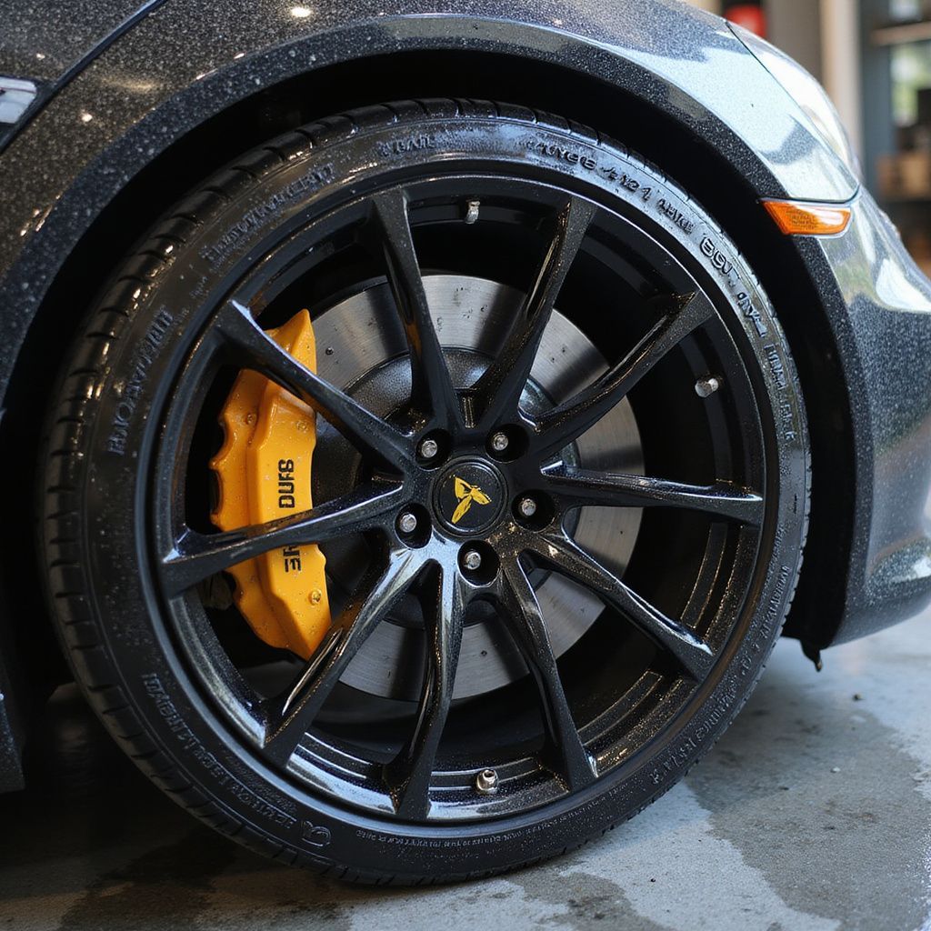 Black car wheel with yellow brake caliper.