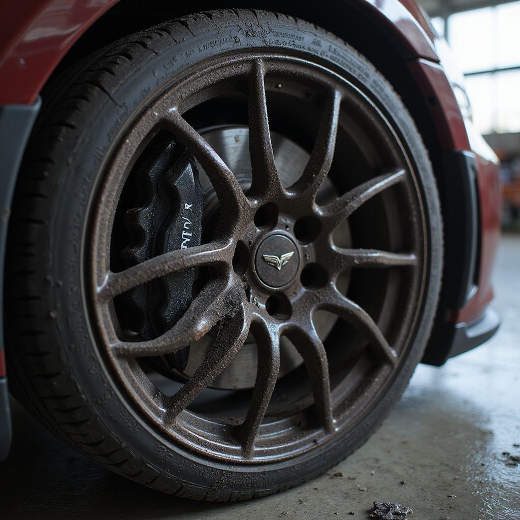 Close-up of a dirty, bronze car wheel and tire on a red vehicle in a garage.
