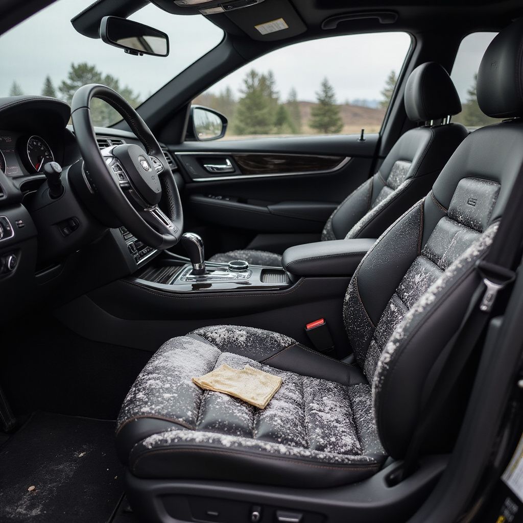 Interior of a car with snow-covered seats and dashboard. A tan paper rests on the driver's seat.