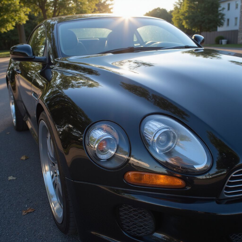 Black Maserati car parked on a road, sunlight reflecting off the hood.