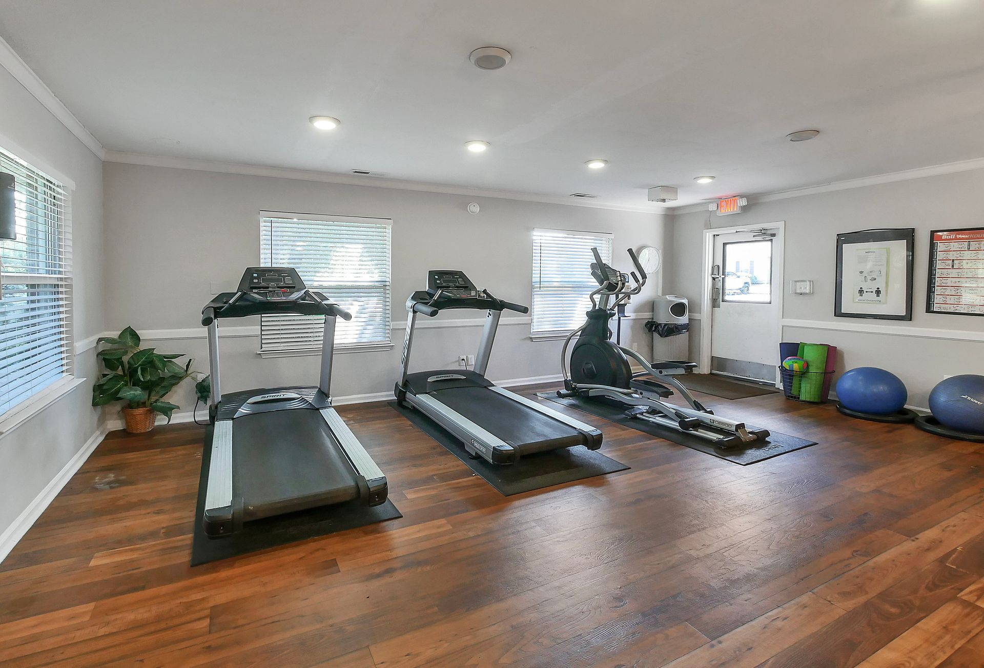A well-lit indoor gym with two treadmills, an elliptical machine, two exercise balls, and wood-style flooring.