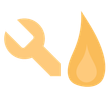 Wrench next to a flame-shaped icon, both pale orange.