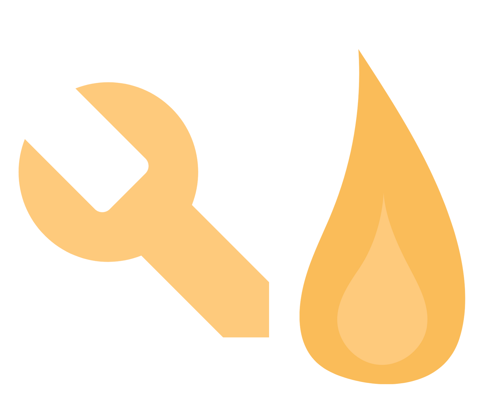 Wrench next to a flame-shaped icon, both pale orange.