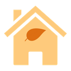 Yellow house icon with an orange leaf inside.