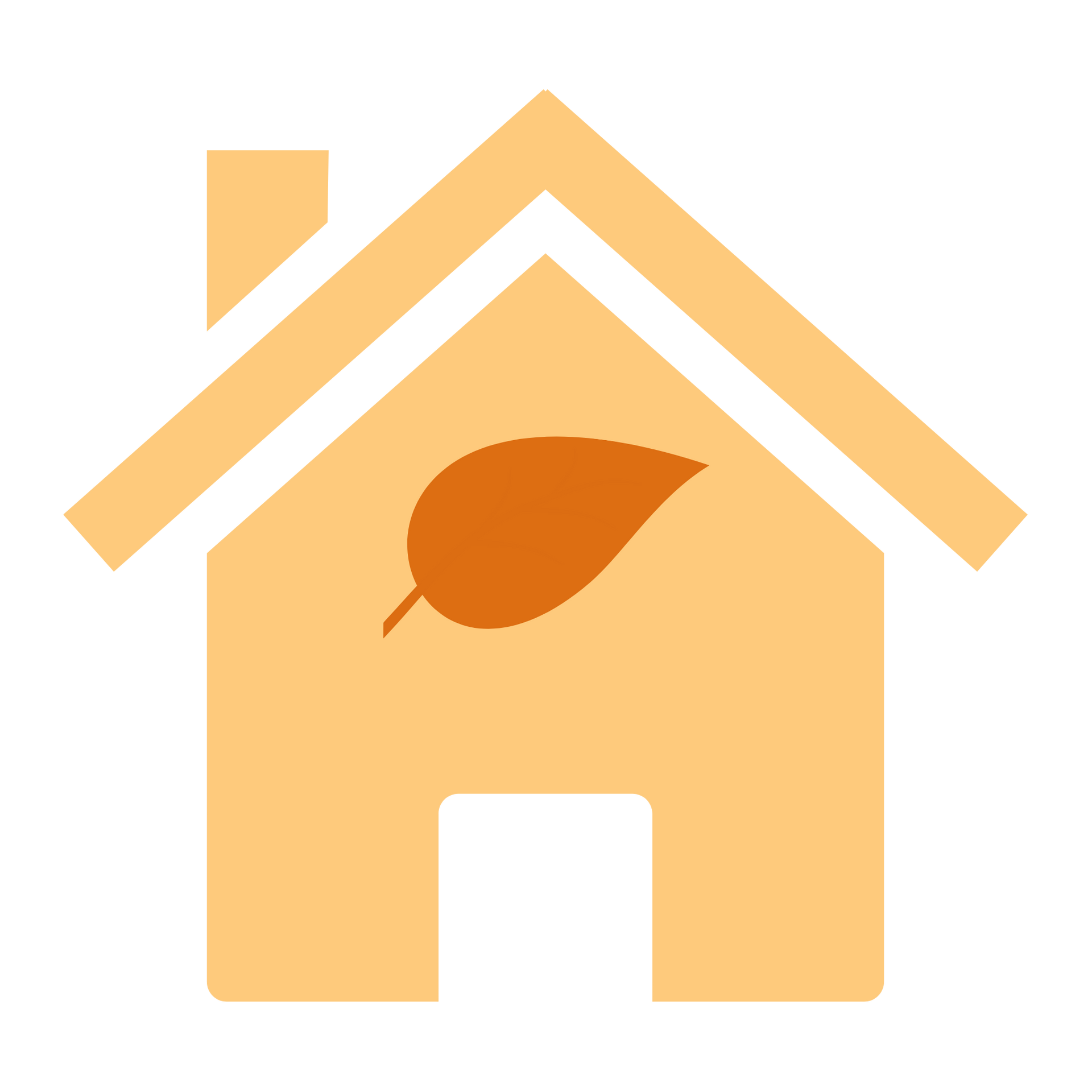 Yellow house icon with an orange leaf inside.