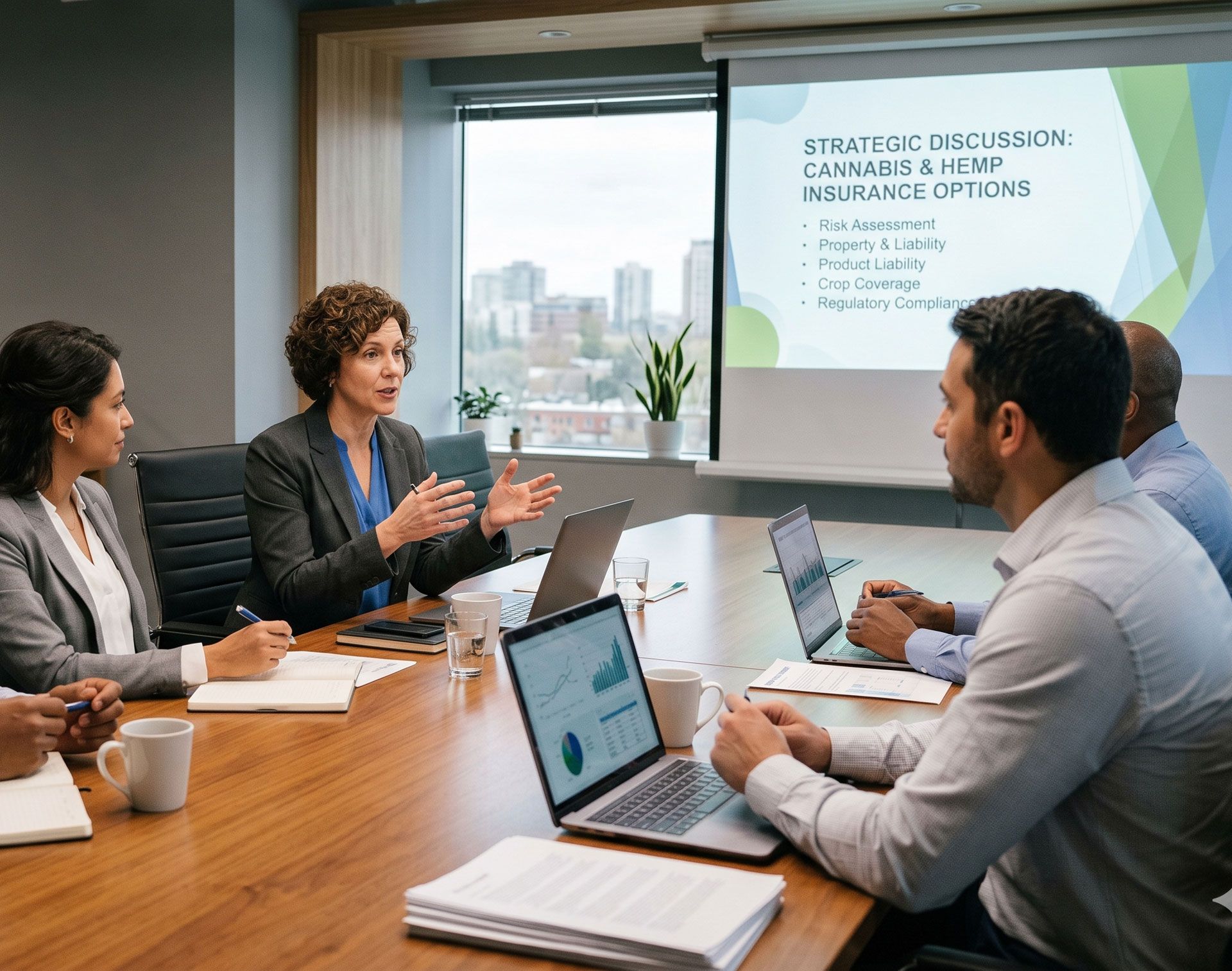 Small business meeting in a conference room, with four people discussing around a wooden table and a presentation screen.