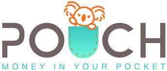 Logo reading “Pouch Money in Your Pocket” with an orange cartoon character peeking from a turquoise pouch.