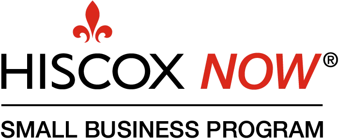 HISCOX NOW logo with red fleur-de-lis and “Small Business Program” text