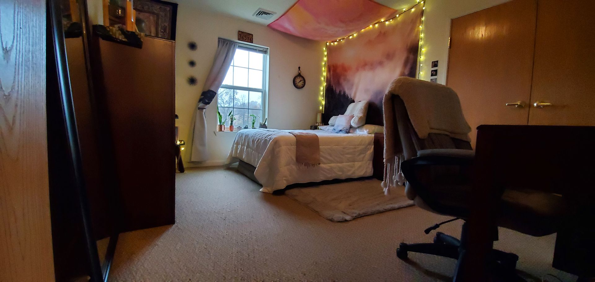 A bedroom with a bed , desk and chair.