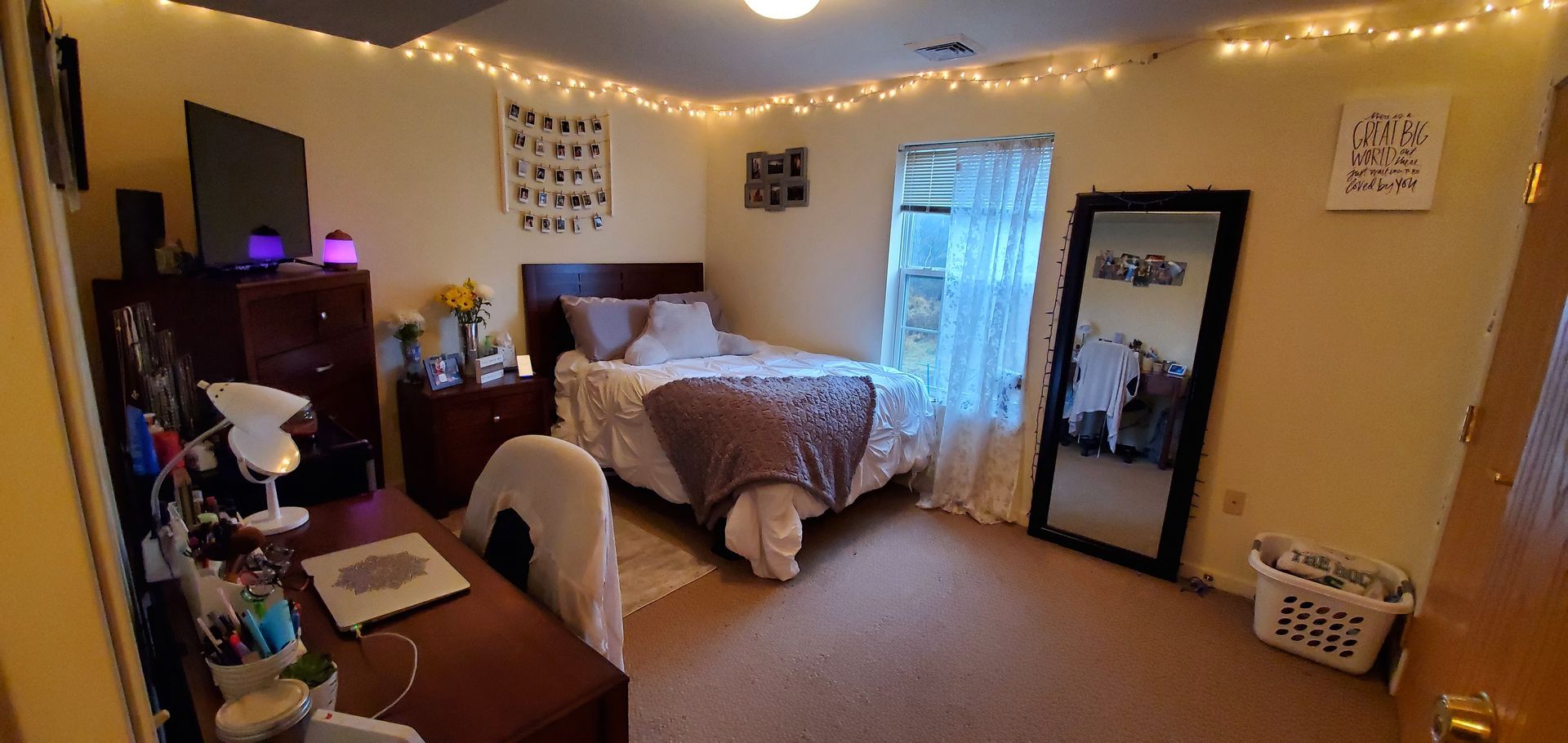 A bedroom with a bed , desk , mirror and television.