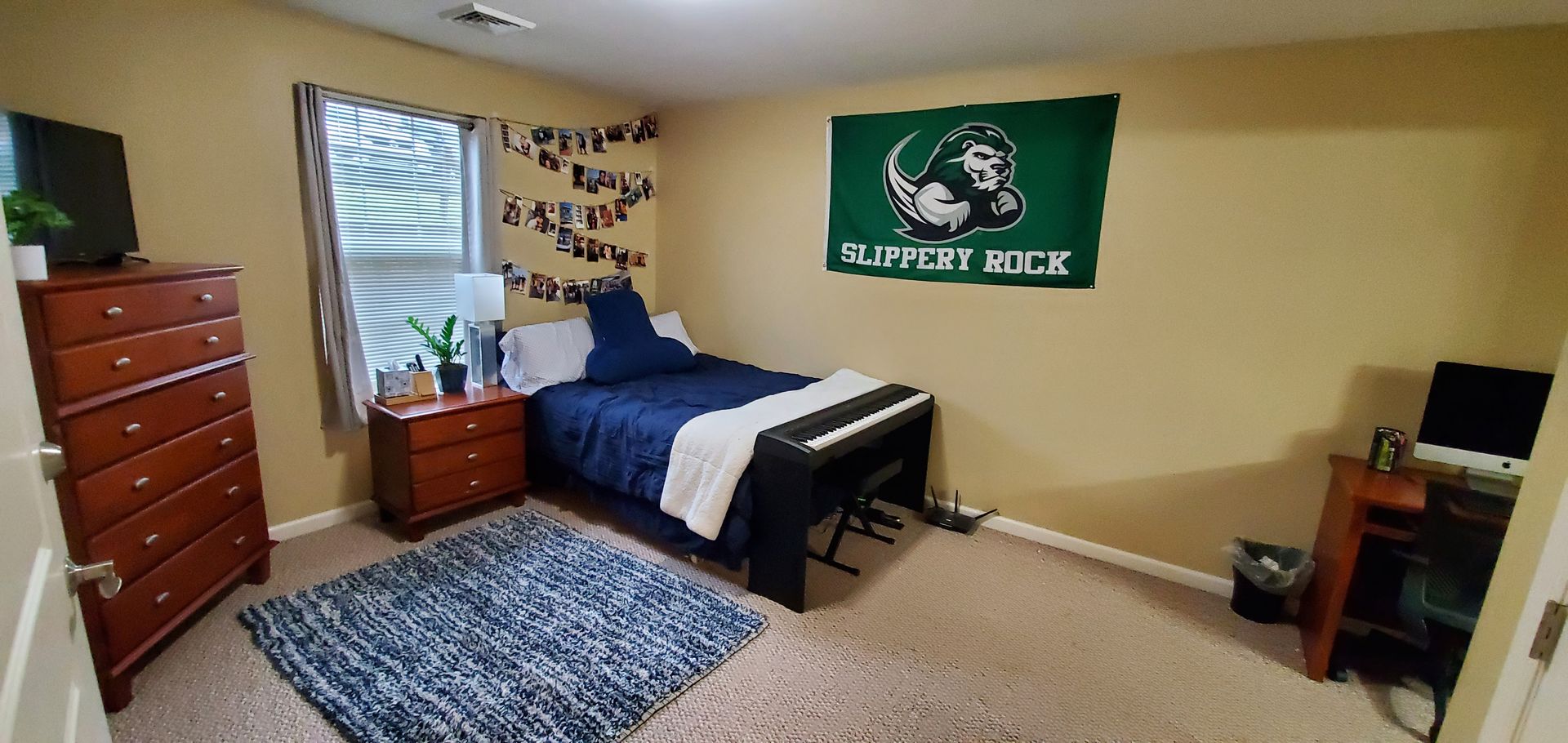 A bedroom with a bed , dresser , desk and a green flag on the wall.