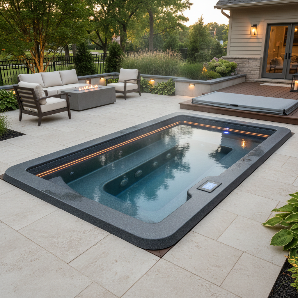 Rectangular dark-gray plunge pool with built-in lights, beige patio, and outdoor seating area with a fire pit.