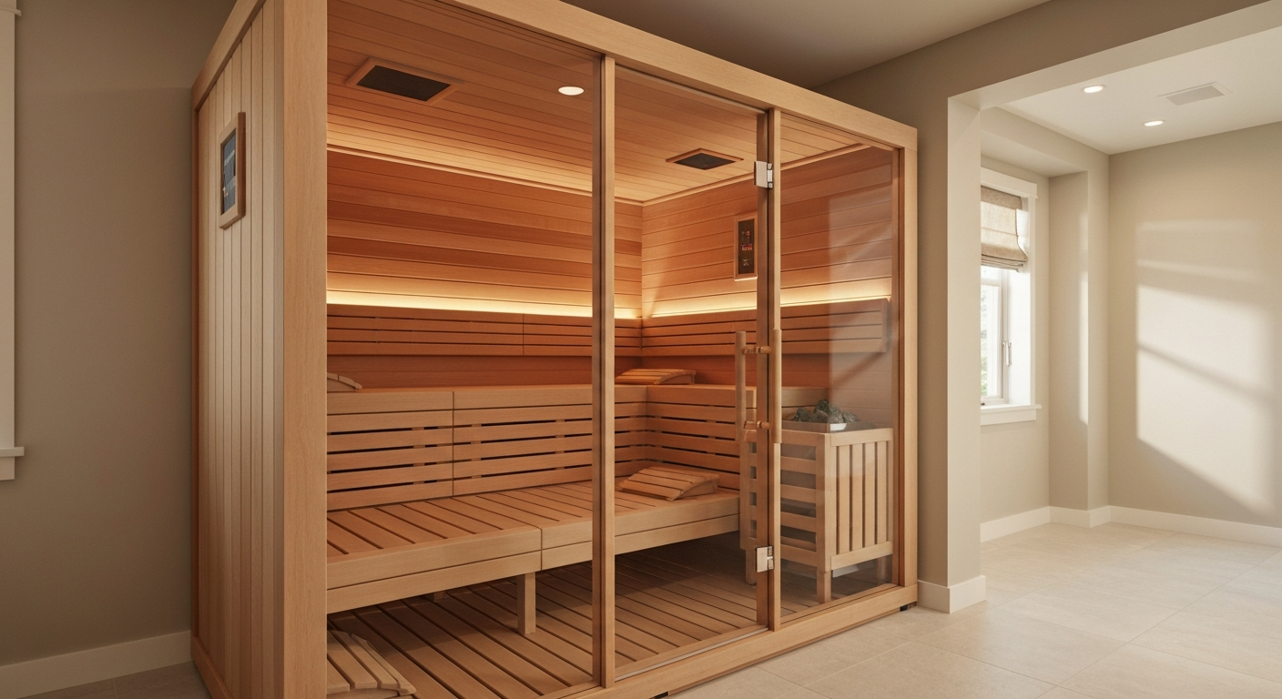 Wooden sauna with glass doors, built into a room.