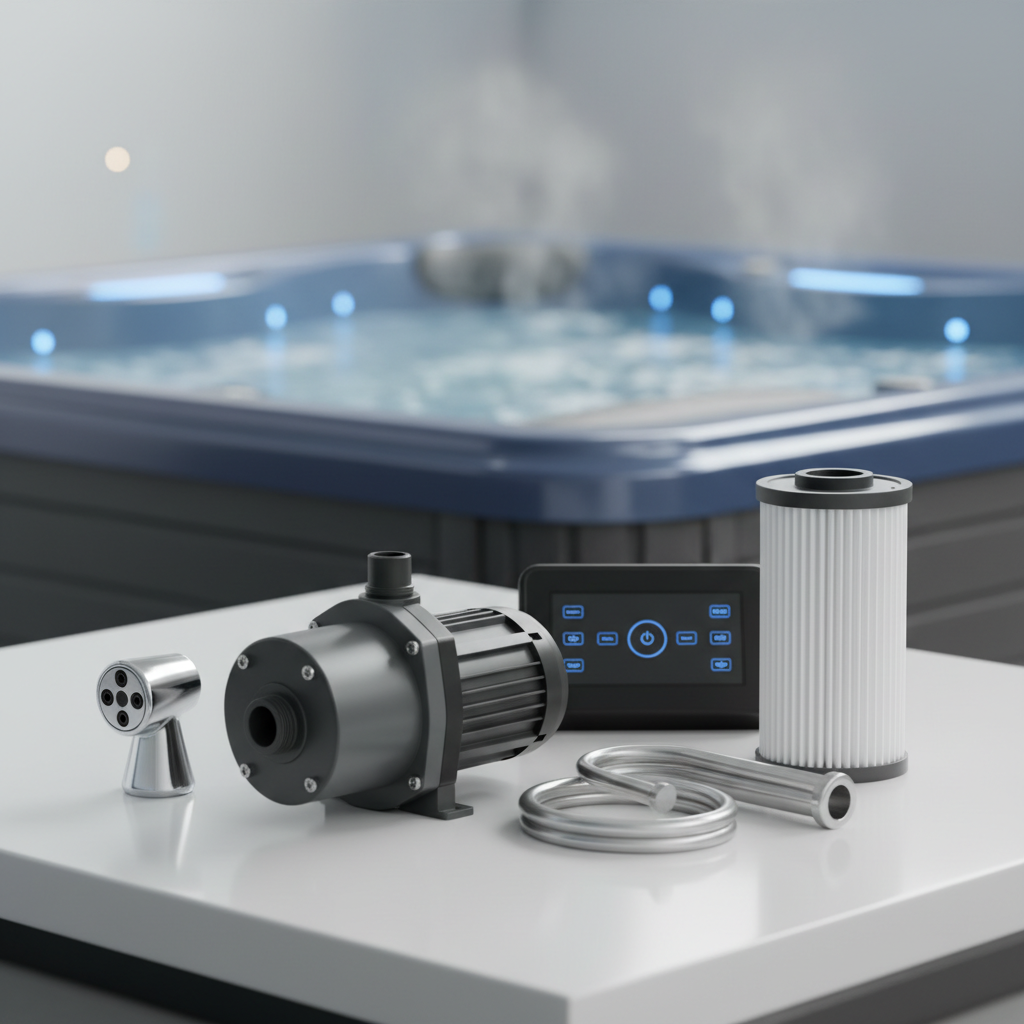 Hot tub components on a white surface with a bubbling tub in the background, including a pump, filter, and control panel.