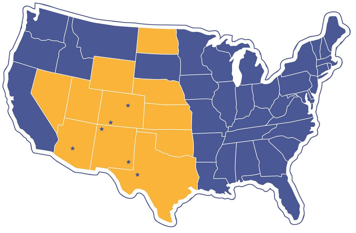 A blue and yellow map of the united states