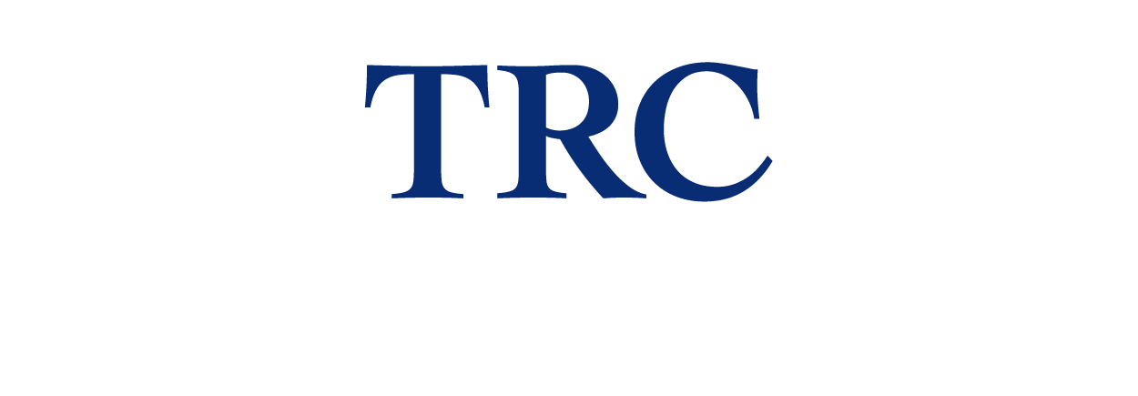 A blue trc logo on a white background