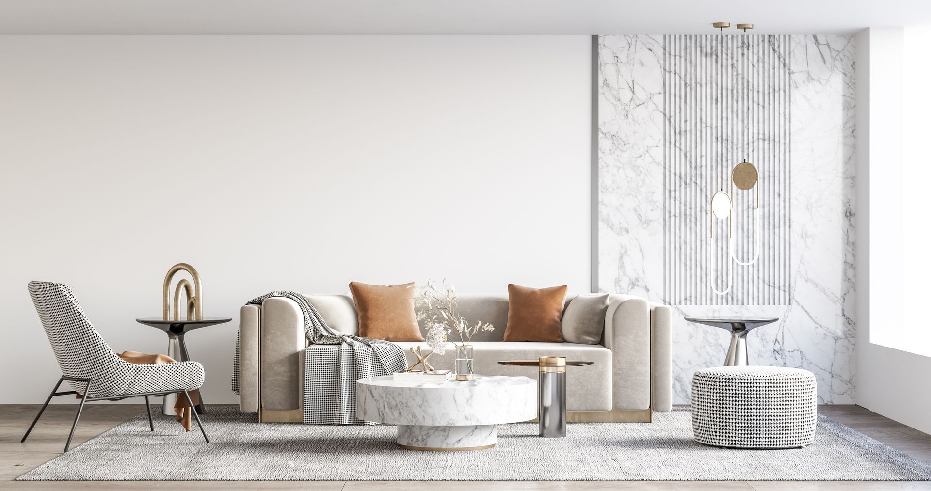 Living room with beige sofa, marble coffee table, accent chair, and marble wall decor.