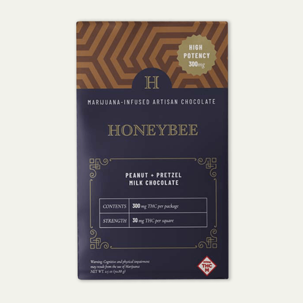 Honeybee high potency peanut and pretzel chocolate packaging