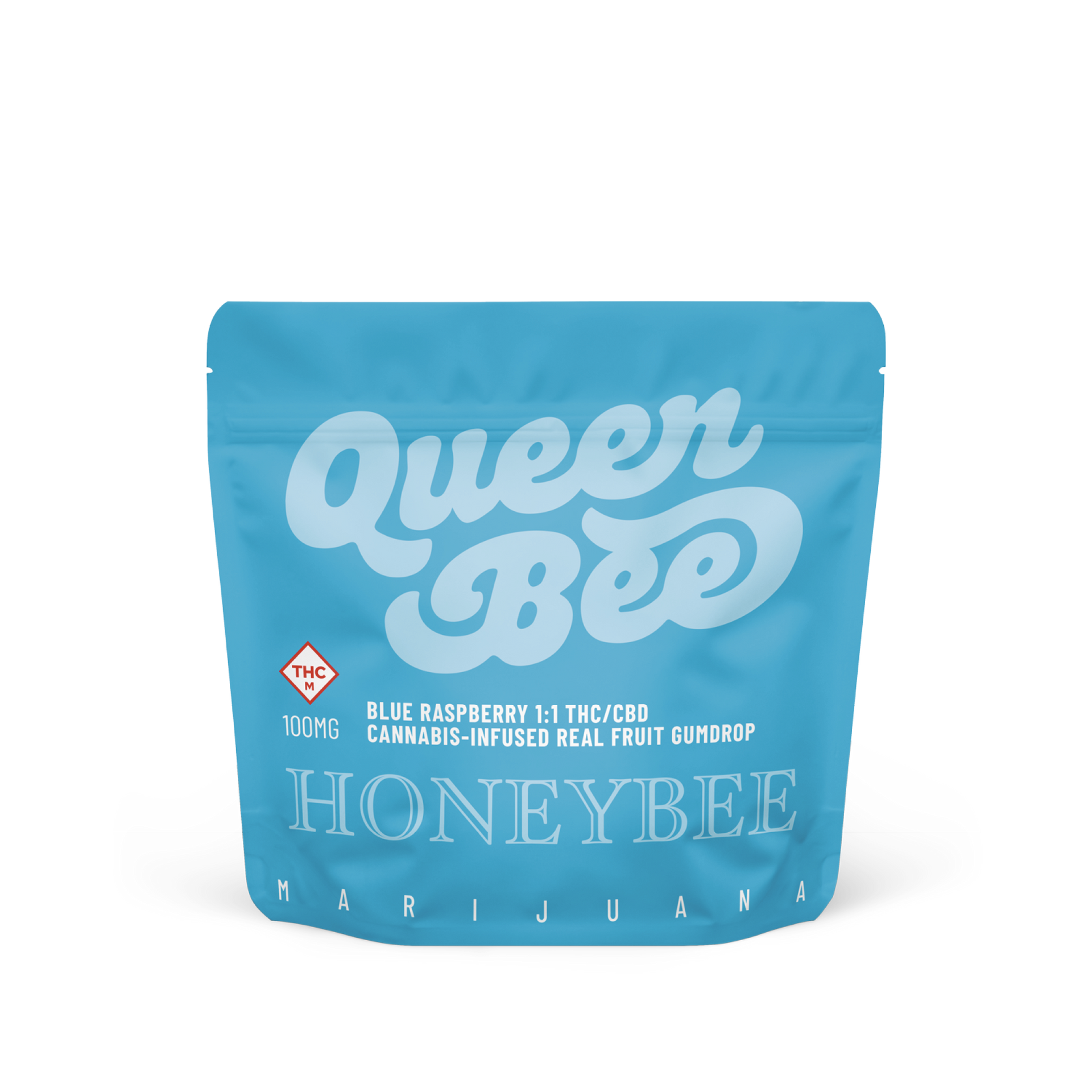 A blue bag with the words queen bee honeybee on it