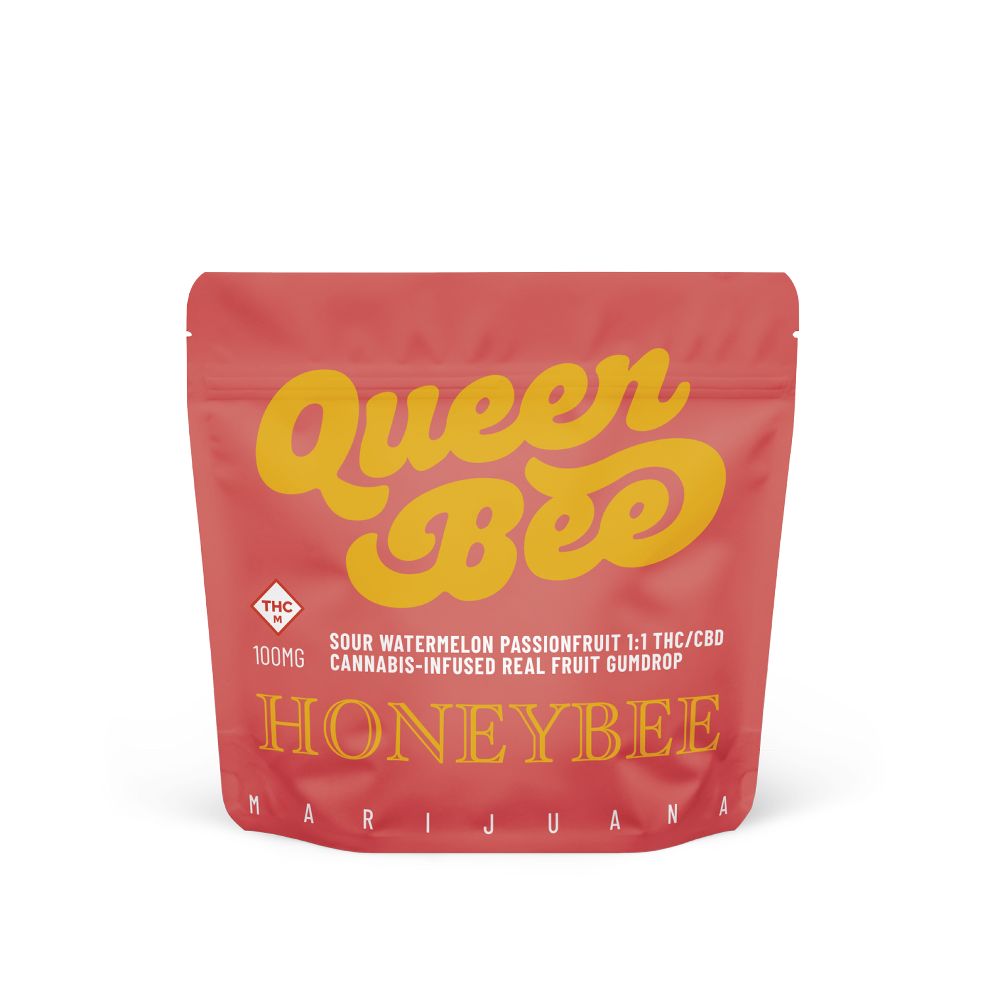 A pink bag with the words queen bee honeybee on it