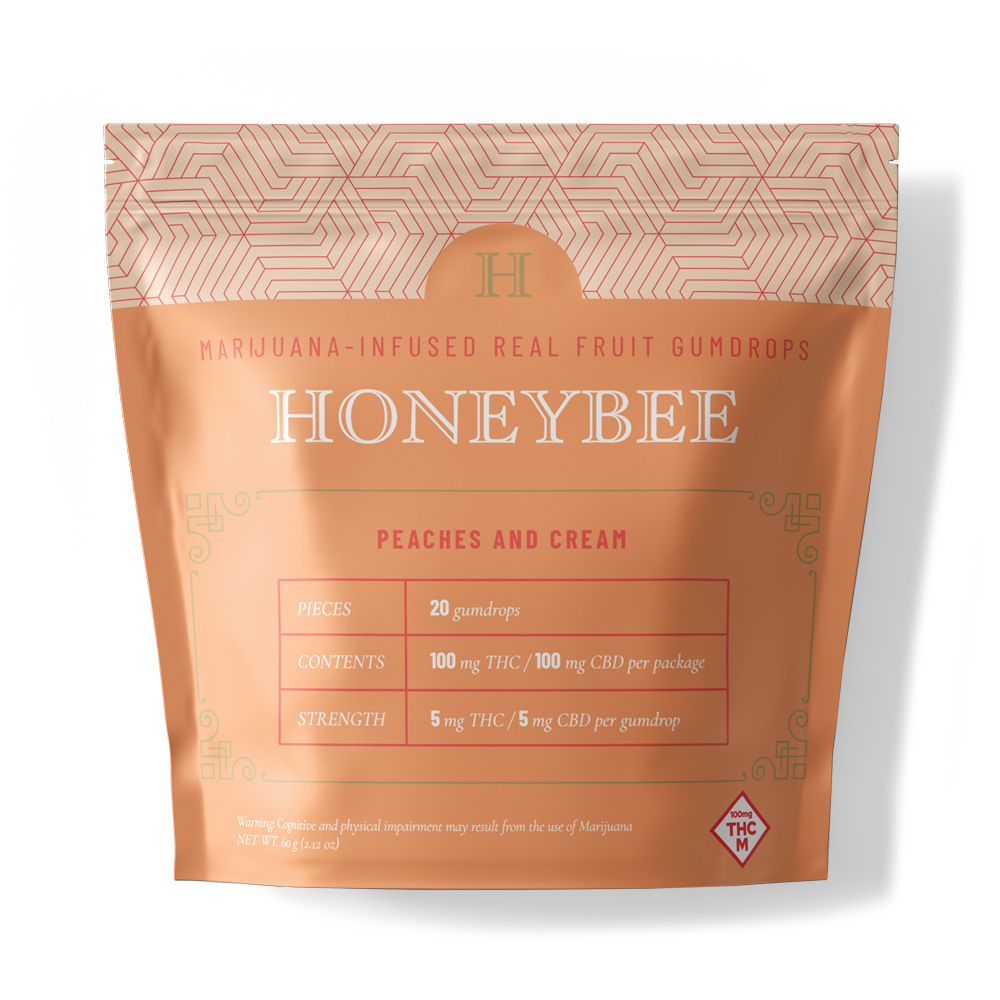 mylar bag of peaches and cream gumdrops by honeybee