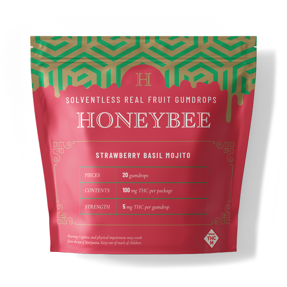 mylar bag of strawberry basil mojito rosin gumdrops by honeybee