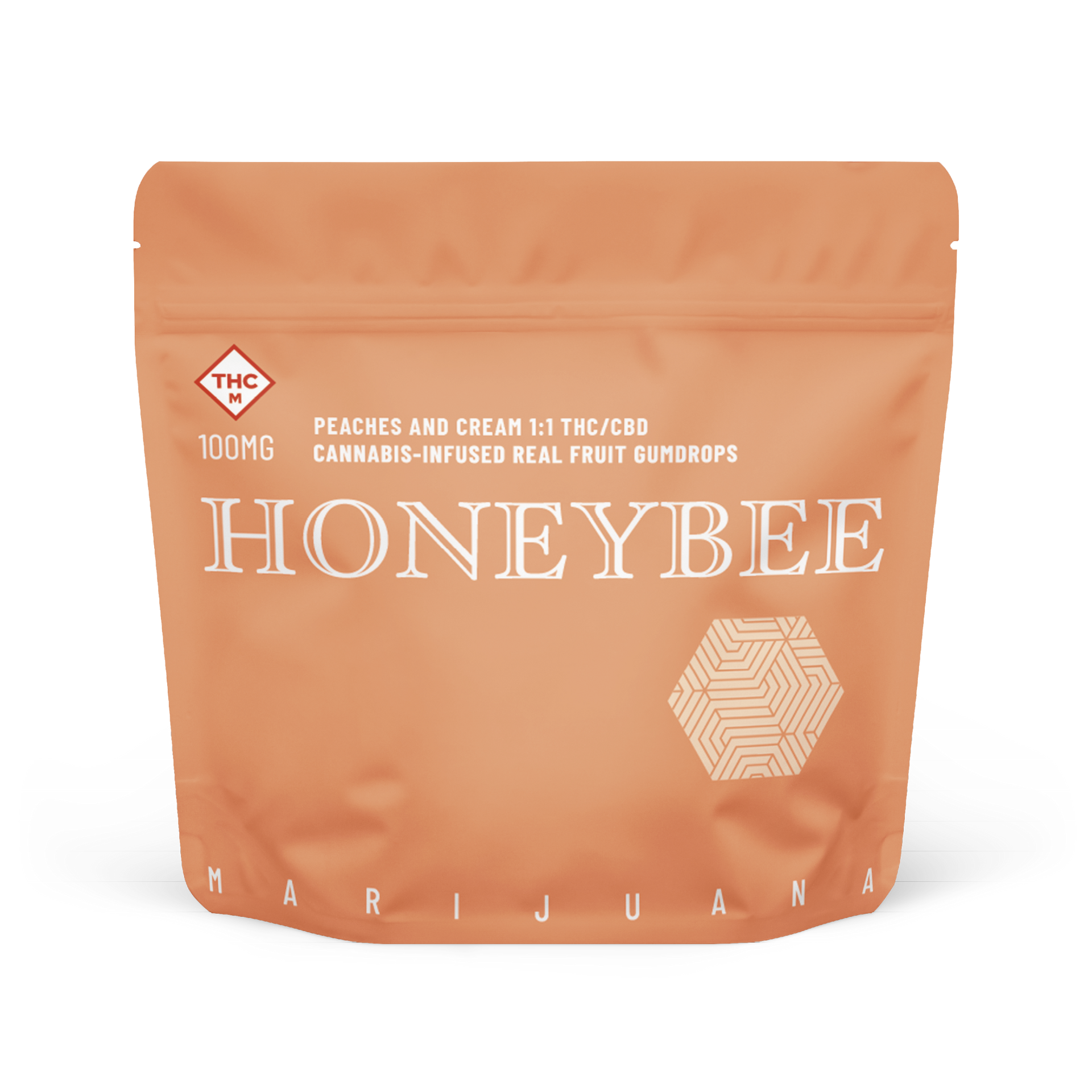 A peach bag that says honeybee on it