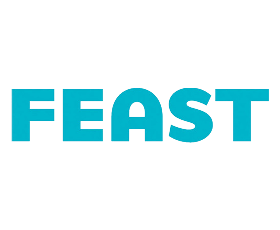 The word feast is written in blue letters on a white background.