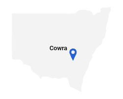 Map of New South Wales, Australia, with a pin marking the town of Cowra.