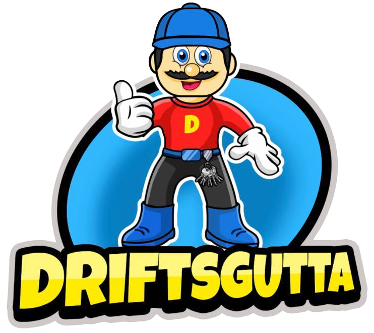 Tegneseriefigur med bart, rød skjorte, blå caps, tommelen opp og logoen «DRIFTSGUTTA».