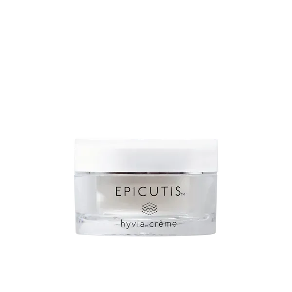 A jar of epicutis hyvia creme on a white background.