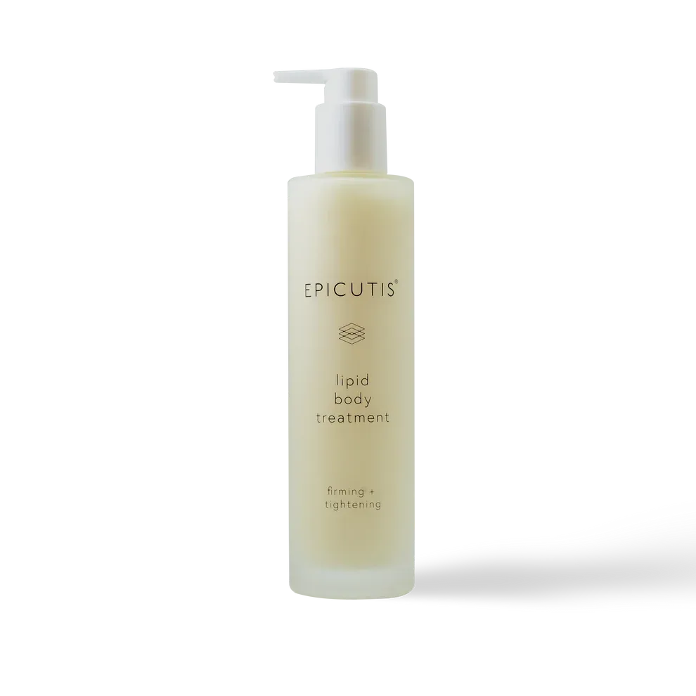 A bottle of epicutis lipid body treatment on a white background