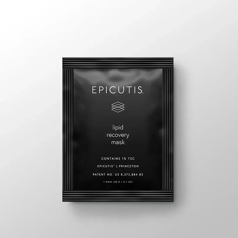 A black bag of epicutis lipid recovery mask is sitting on a white surface.