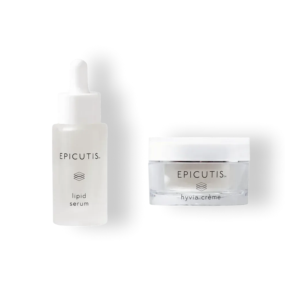 A bottle of epicutis liquid serum and a bottle of epicutis cream