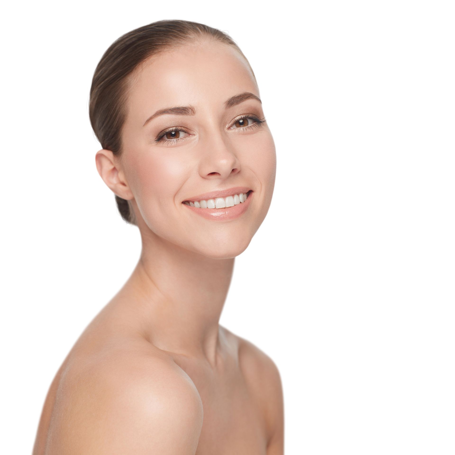 A woman without a shirt is smiling and looking at the camera.