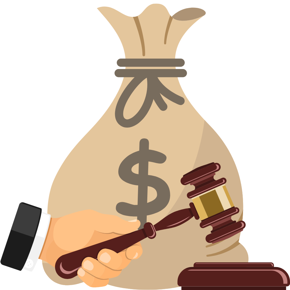 A person is holding a gavel in front of a bag of money.