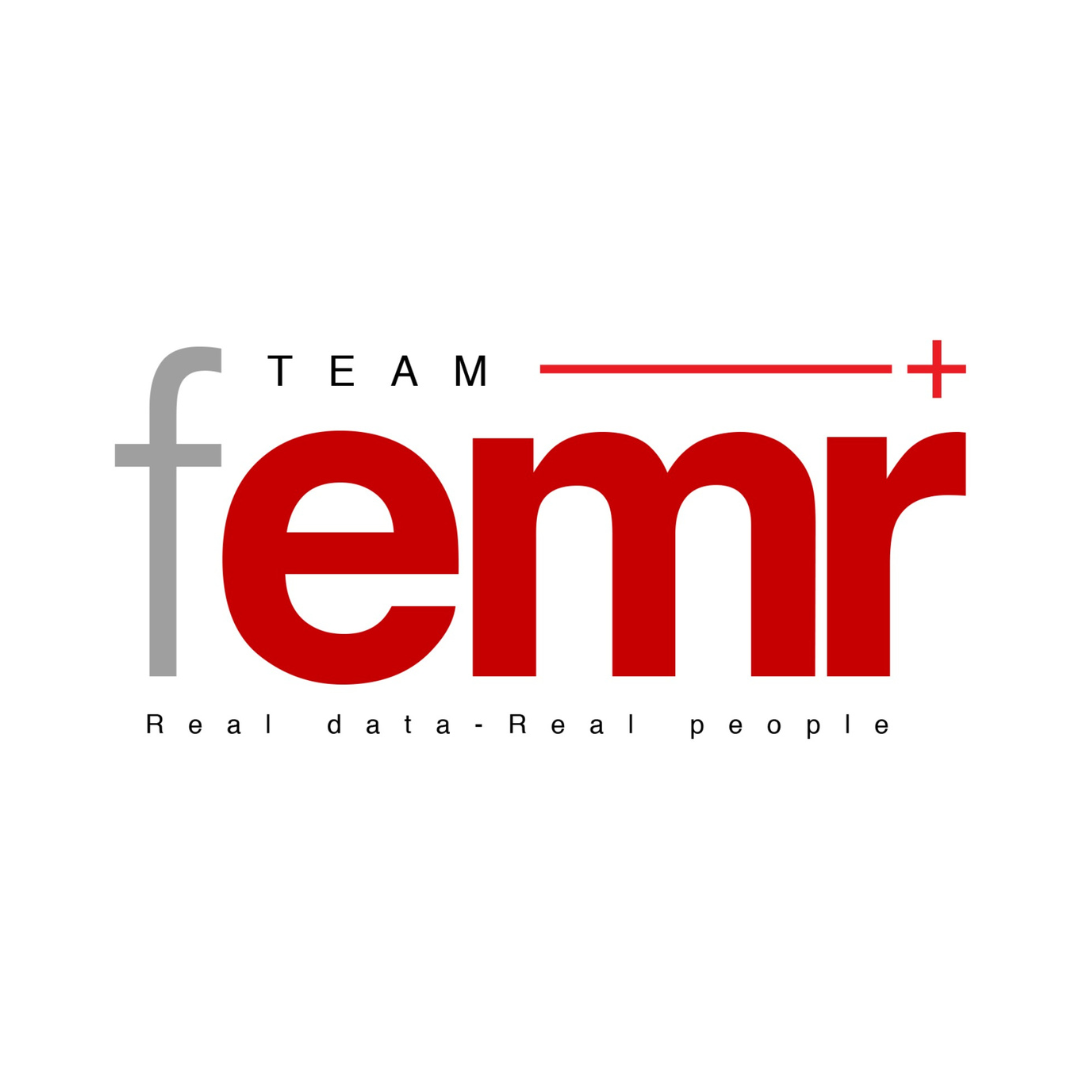 a red and white logo for femr real data real people